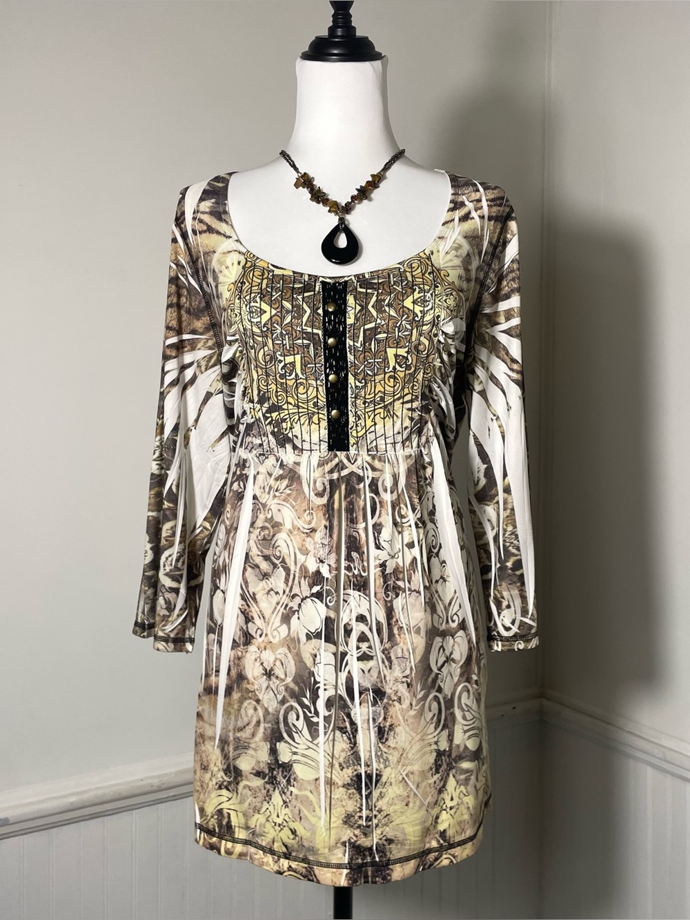 Cato - Women’s Plus Size Brown White Floral 3/4 Sleeve Top or Mini Dress